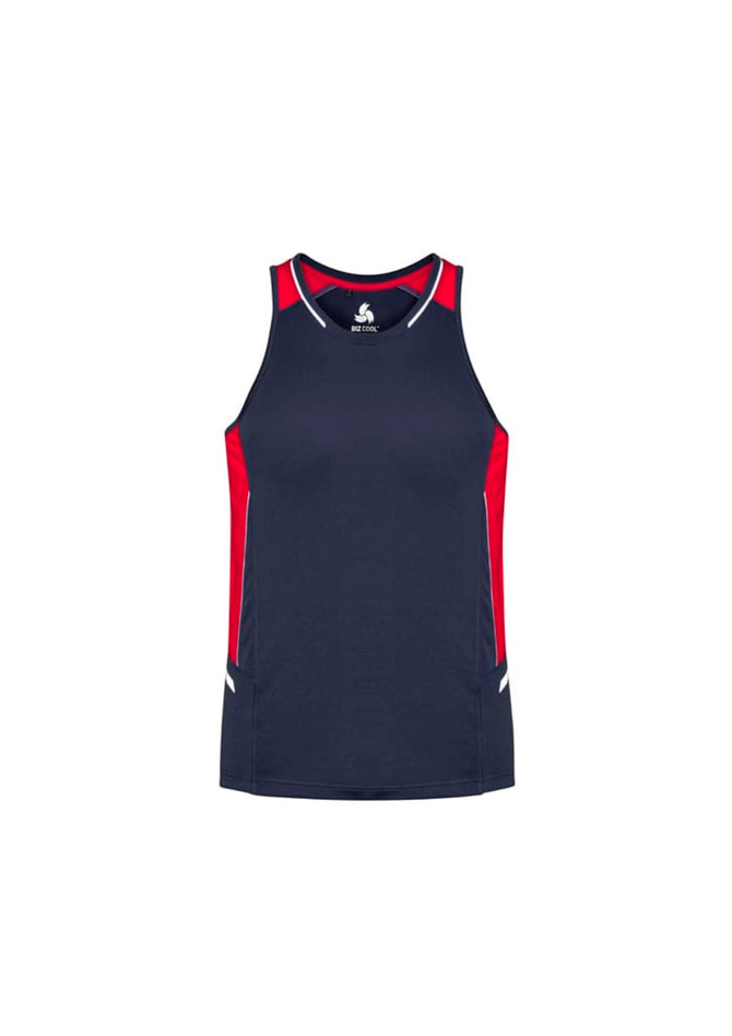 A navy blue singlet with red accents and a logo on the front.