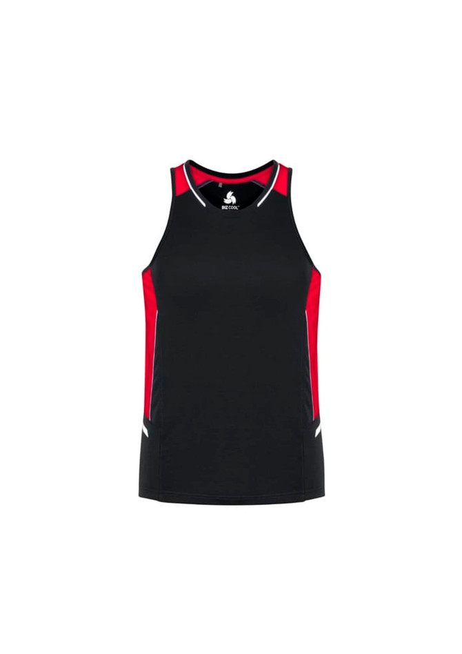 A black singlet with red side panels and white accents, featuring a logo on the front.