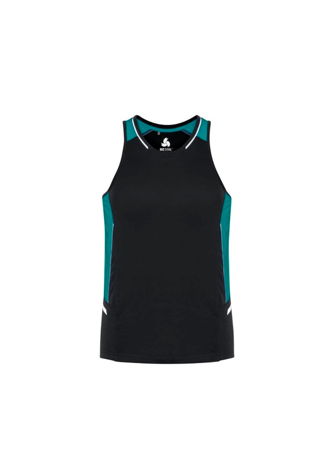 A black men's singlet with teal side panels and a logo on the front. Suitable for active wear.
