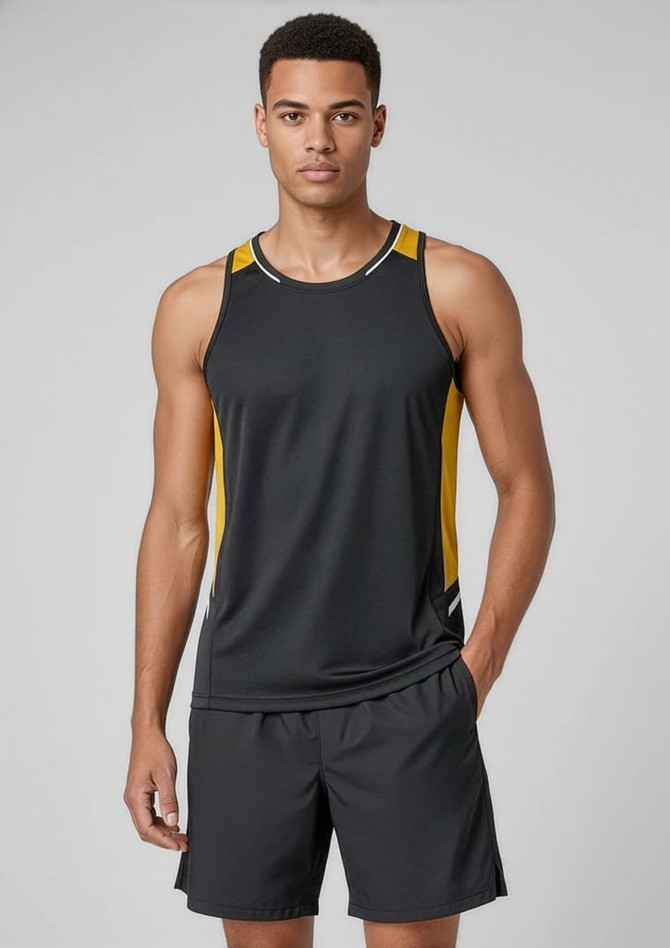 A black men's singlet with yellow accents, designed for active wear, featuring a sporty cut and a logo.