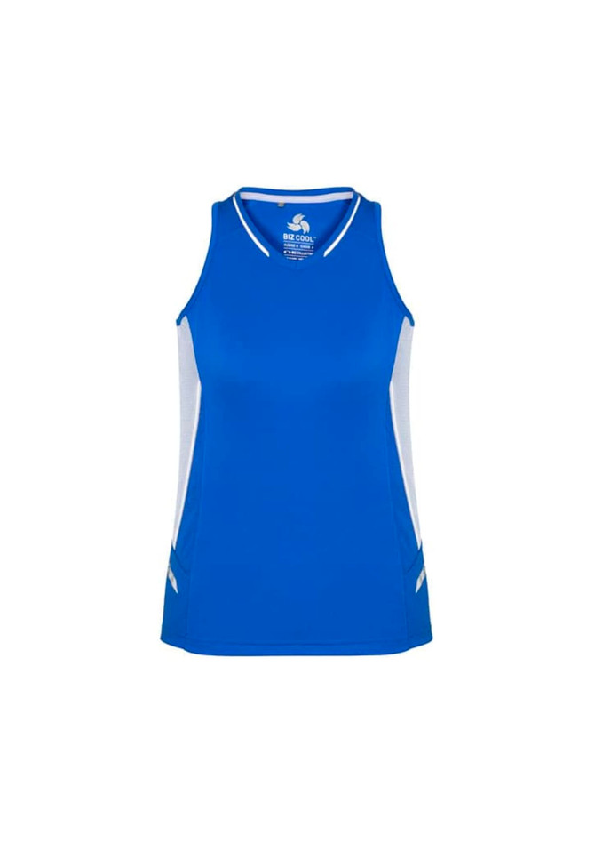A blue women's singlet with white side panels and a logo on the front. Designed for active wear.