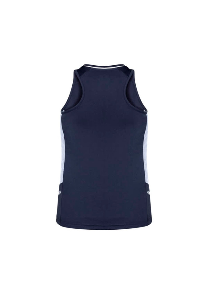 A navy blue women's singlet with white side panels, featuring a logo on the front.