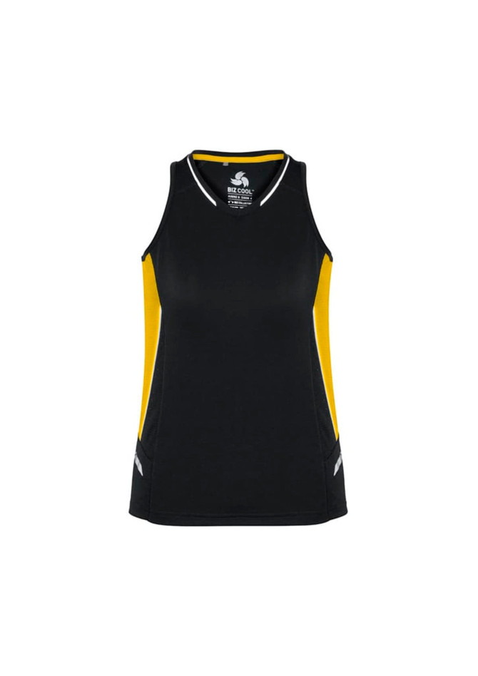 A black and yellow women's singlet featuring a logo, with a fitted design and contrasting side panels.