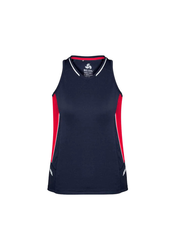 A navy and red sleeveless singlet featuring a logo, with contrasting side panels and a sporty design.