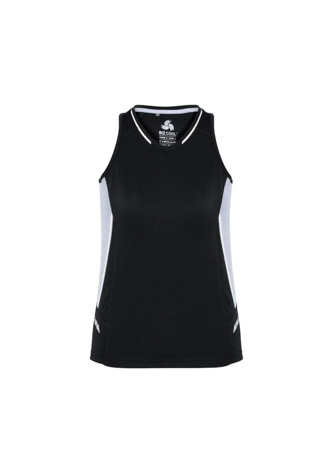 A black women's singlet with grey side panels and a logo on the front. Ideal for sports and casual wear.