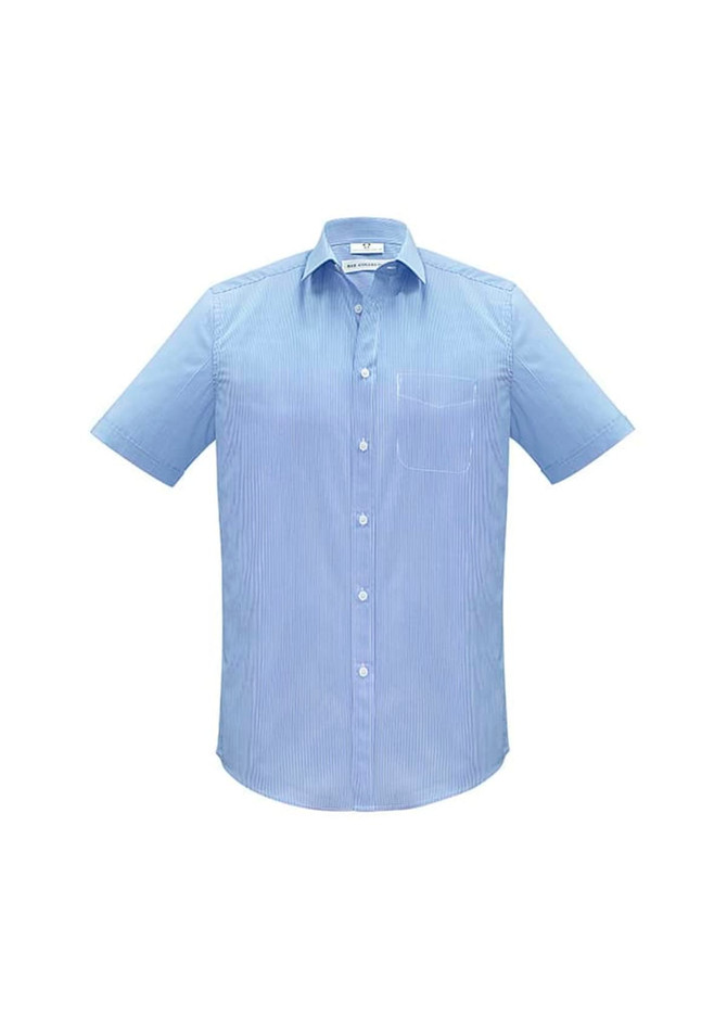 A light blue short sleeve button-up shirt with a pocket and a logo on the collar.