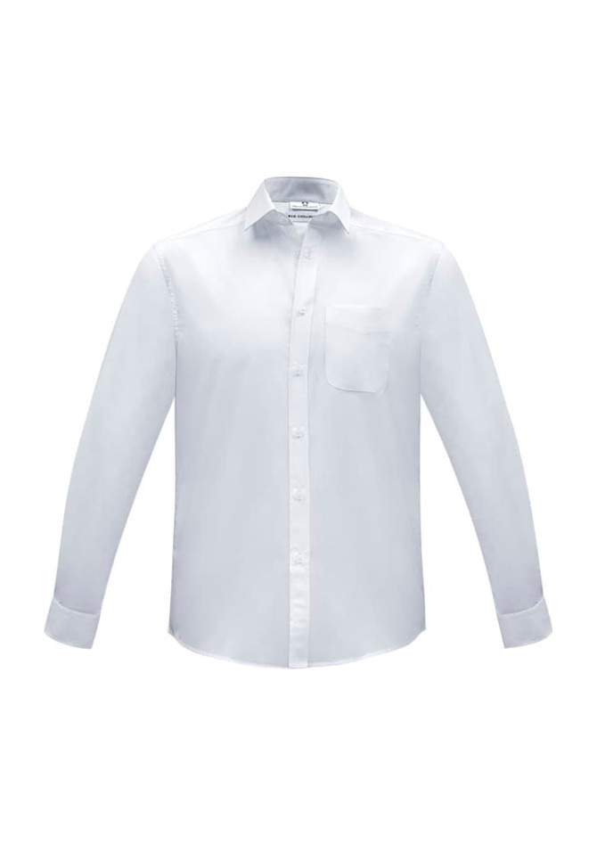 A white long sleeve button-up shirt with a single chest pocket and a collar. It features a logo on the label.