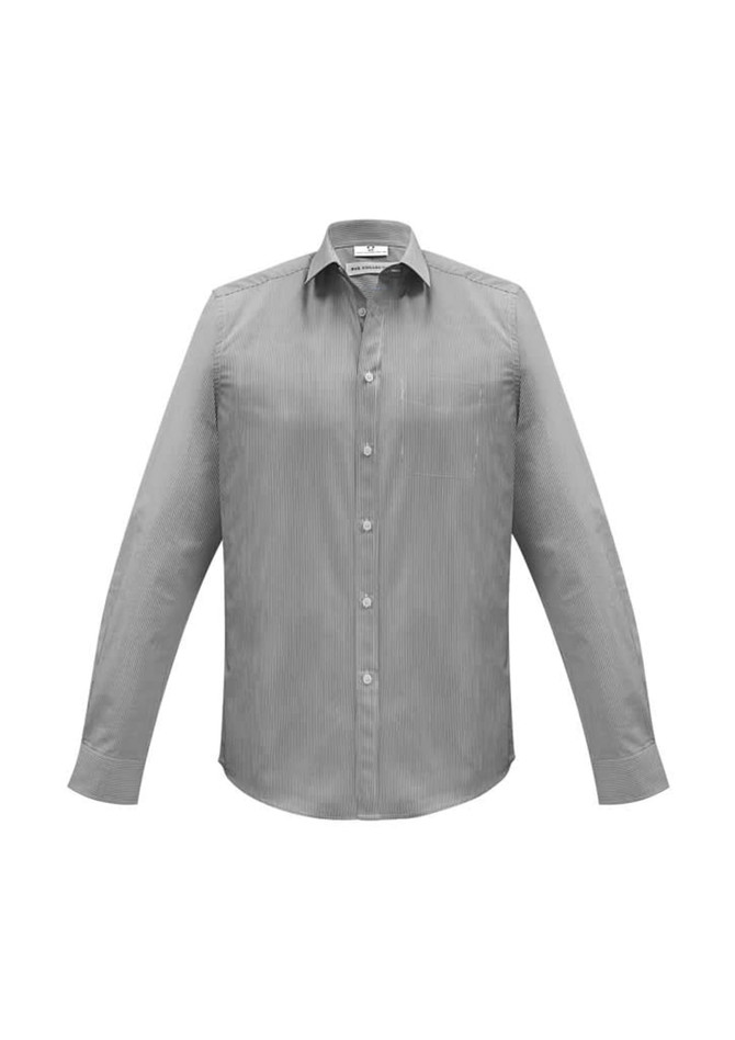 A grey long sleeve button-up shirt with a collar and a logo on the chest.