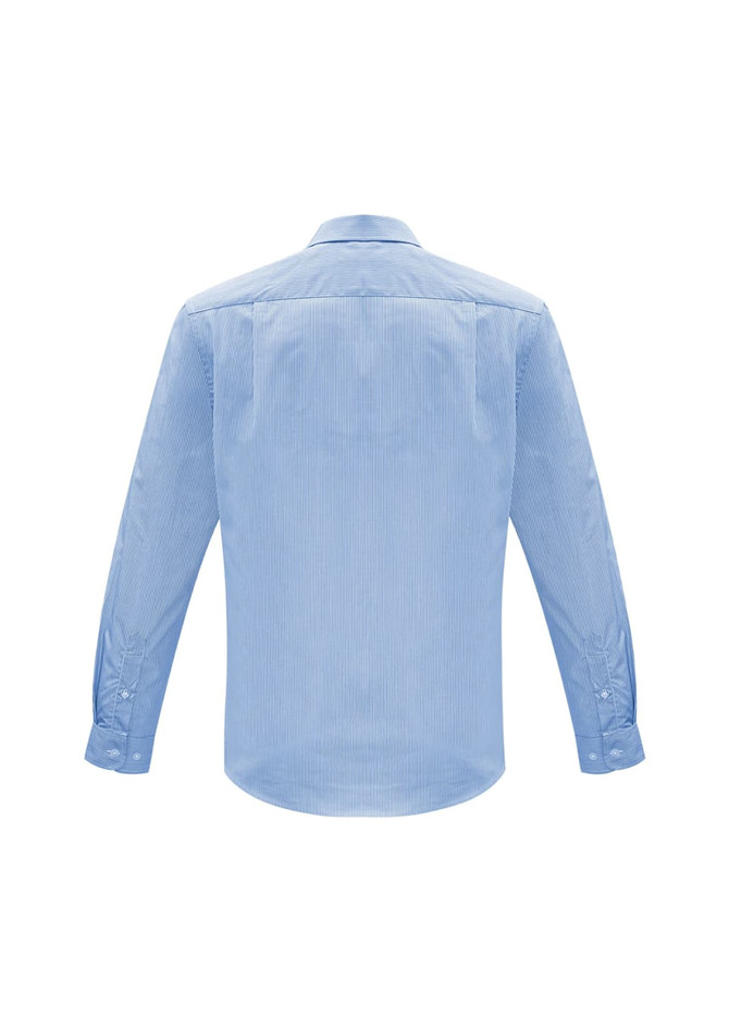 A light blue long sleeve button-up shirt with a back yoke and a logo.