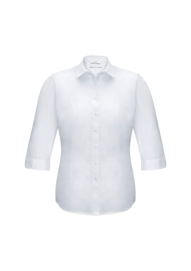 A white women's button-up shirt with 3/4 sleeves and a collar, featuring a logo on the label.