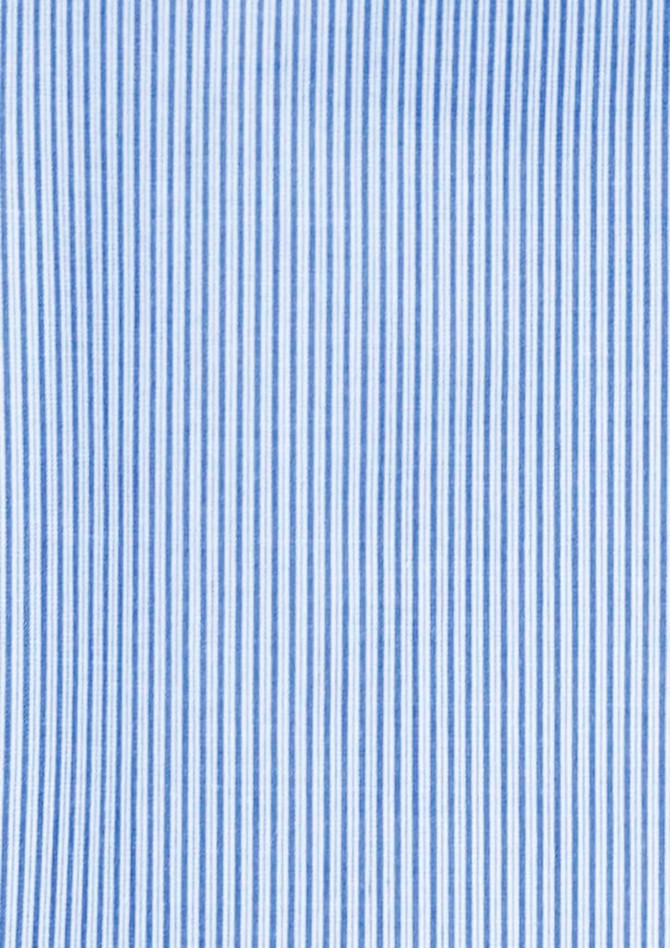 A blue and white striped fabric, featuring vertical lines, suitable for a men's short sleeve button-up shirt.