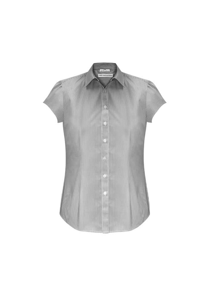 A women's short sleeve button-up shirt in a grey striped pattern, featuring a collar and a logo.