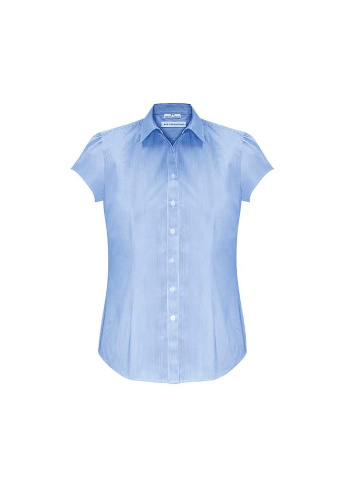 A light blue women's short sleeve button-up shirt with a classic collar and a logo on the chest.