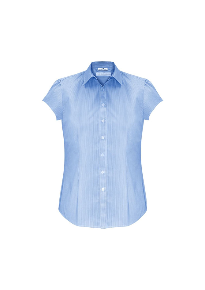 A light blue short-sleeve button-up shirt with a collar and a logo on the label.