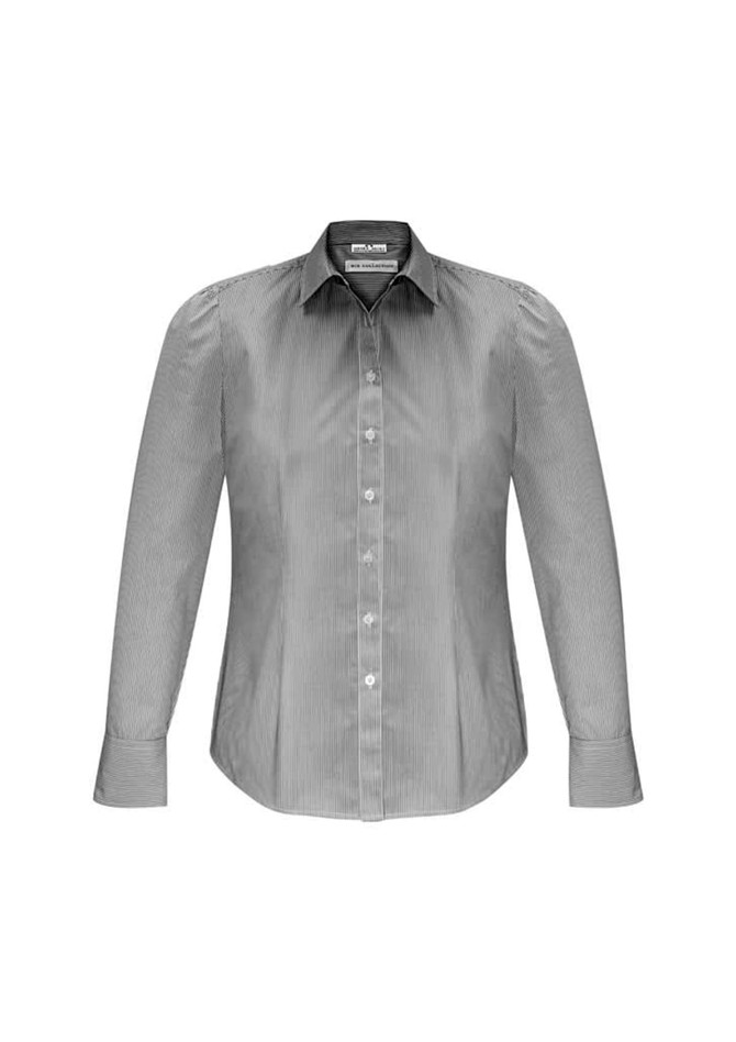 A long sleeve women's shirt in a grey striped pattern, featuring a button-up front and a collar. It has a logo on the label.