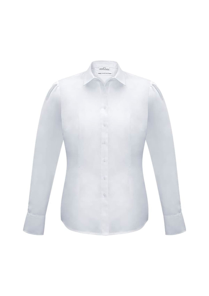 A white women's long sleeve button-up shirt with a fitted design and a logo on the label.