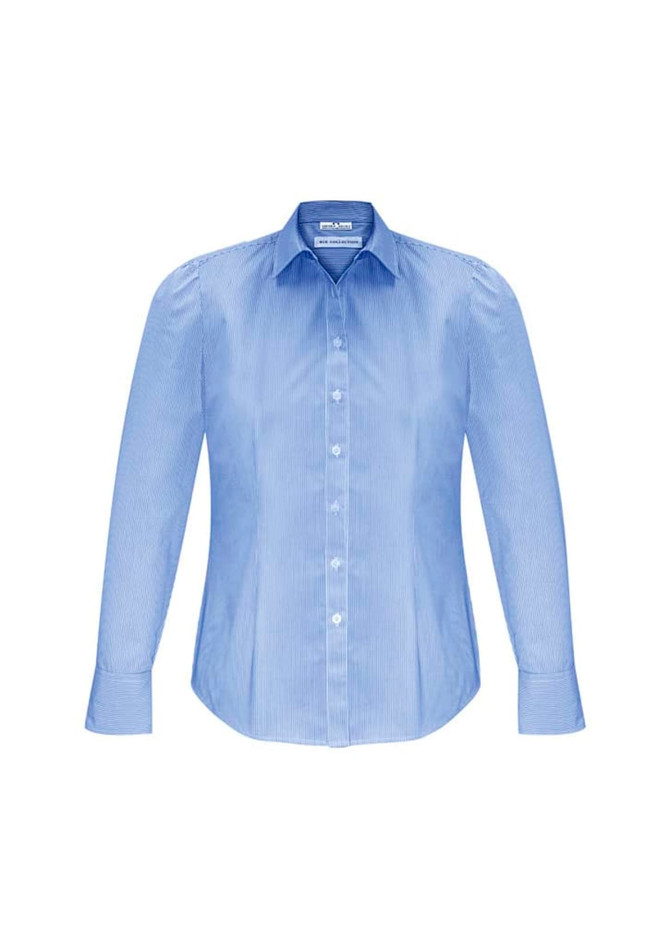 A blue women's long sleeve button-up shirt with a classic collar and a logo on the label.