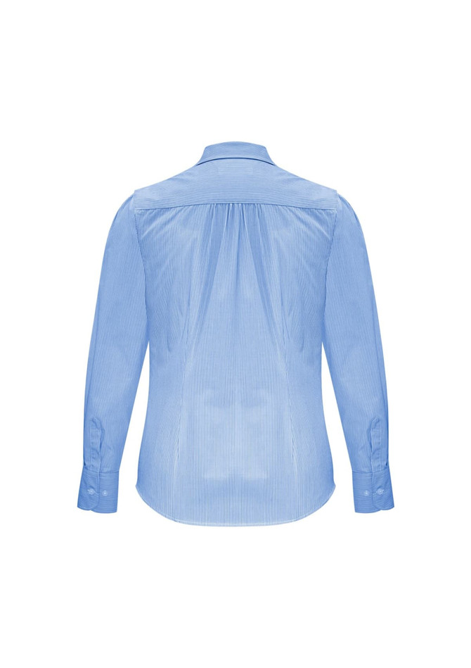 A light blue women's long sleeve button-up shirt with a back pleat and a logo.