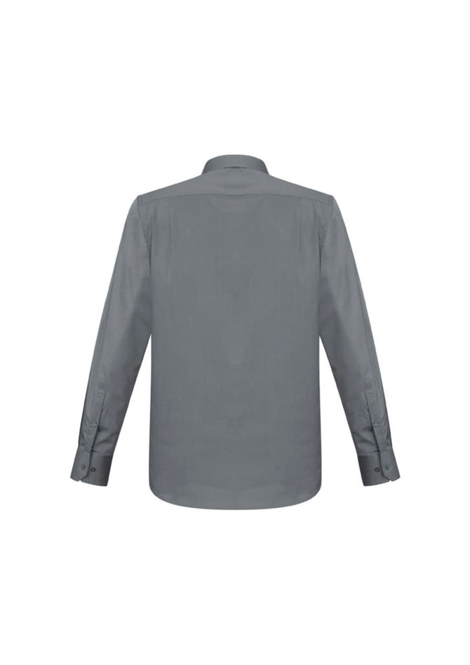A grey long sleeve button-up shirt with a classic collar and buttoned cuffs, featuring a logo.