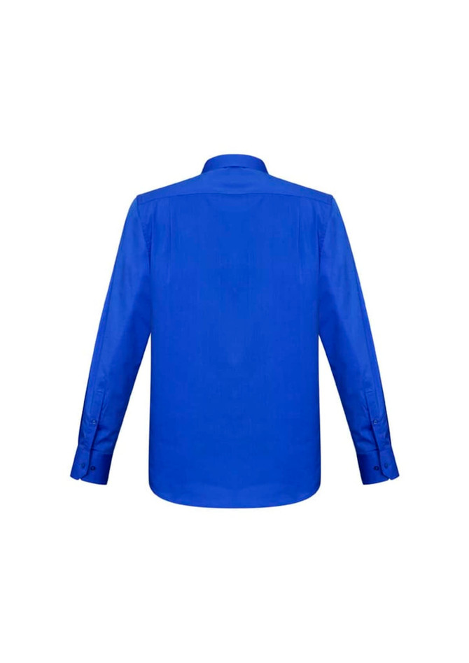 A blue long sleeve button-up shirt with a collar and cuffed sleeves, featuring a logo on the back.