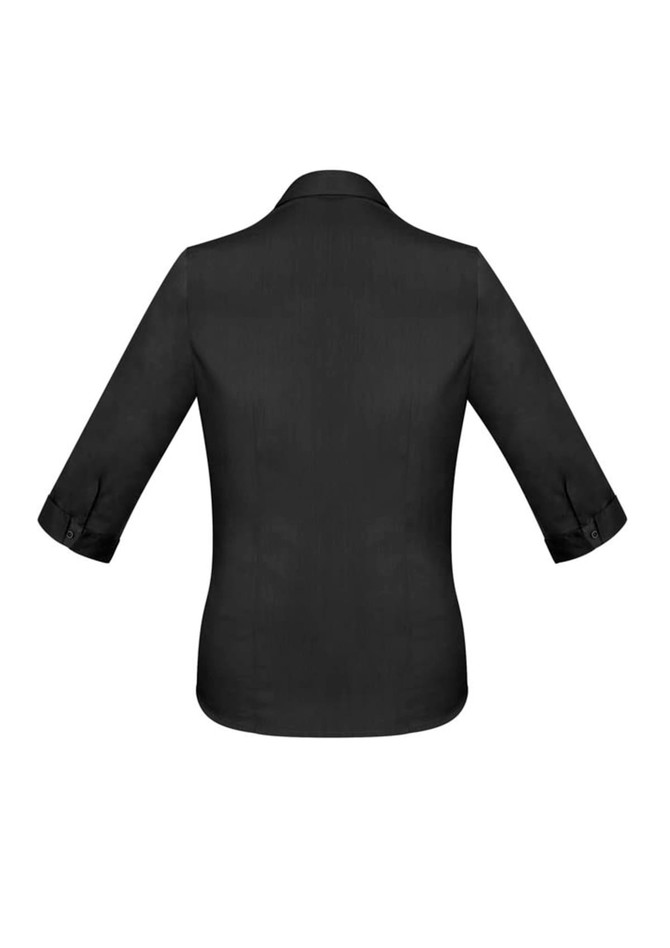 A black button-up shirt with 3/4 sleeves and a stylish collar, featuring a logo on the back.