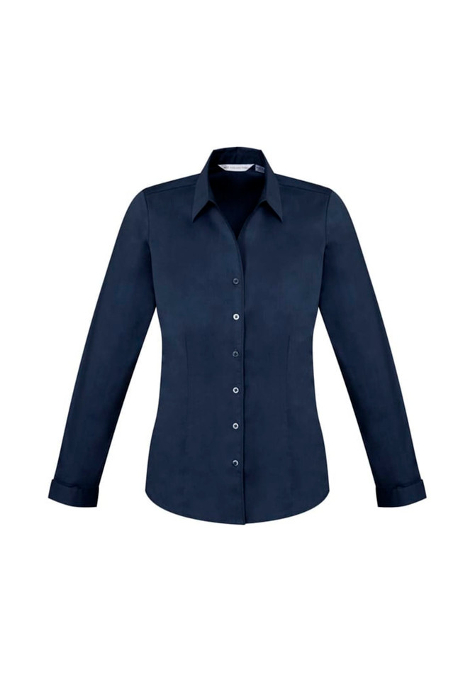 A navy women's button-up long sleeve shirt with a sleek design and a classic collar. It features a brand logo.