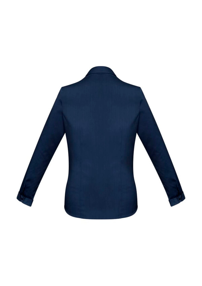 A navy blue long sleeve button-up shirt with a structured collar and cuffs. It features a branding logo.