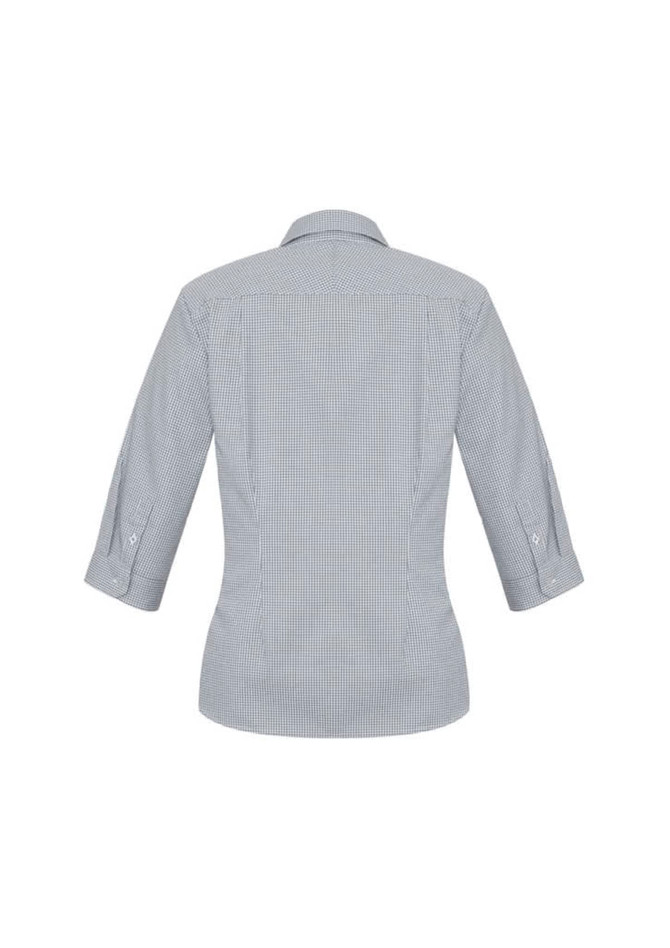 A women's 3/4 sleeve button-up shirt in a checkered pattern, featuring a back view and a logo.