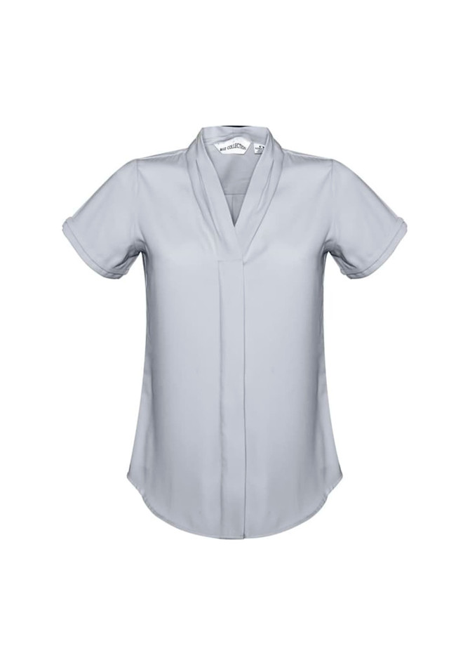 A light grey women's short sleeve button-up shirt with a stylish collar and subtle branding.