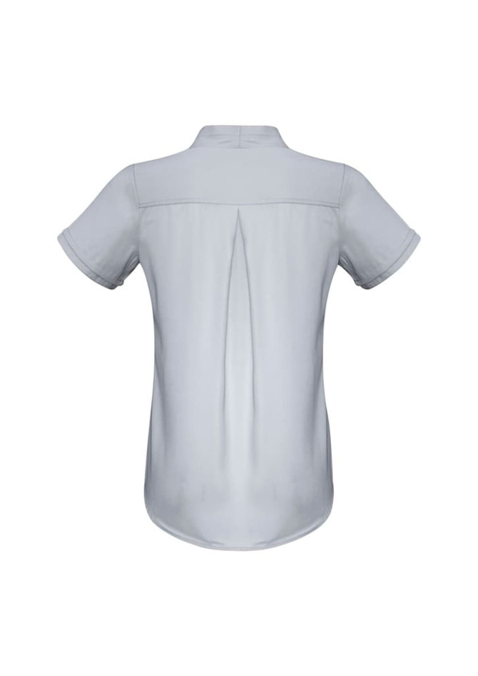 A women's button-up shirt in light grey with short sleeves and a pleat detail at the back. It features a logo.