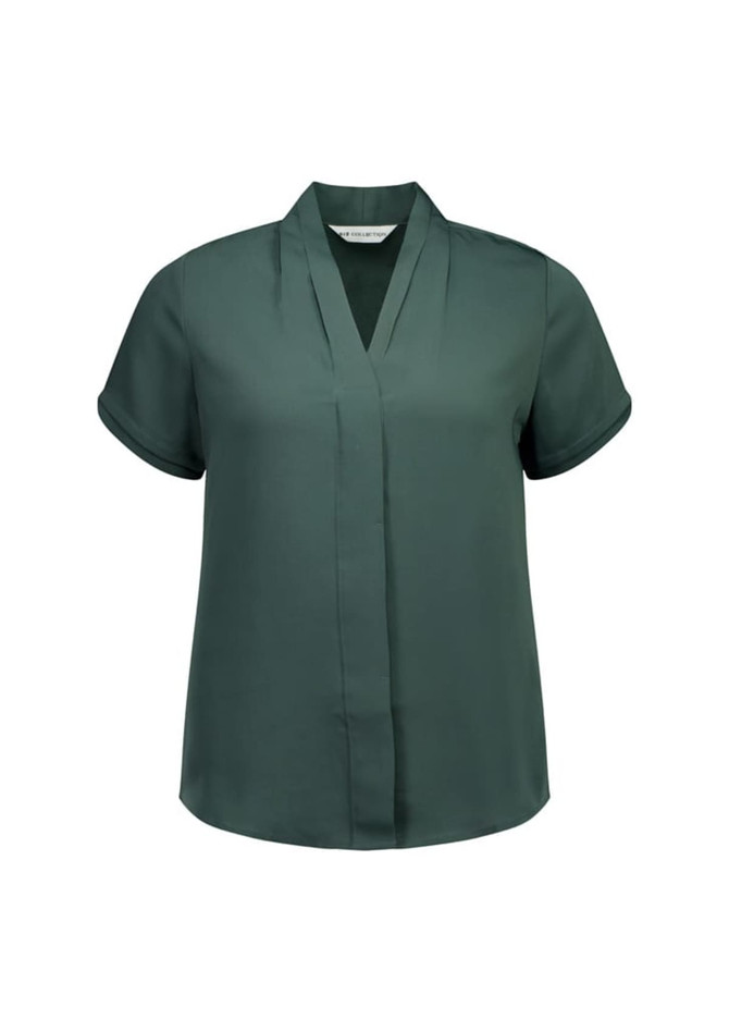 A short sleeve, button-up shirt in deep green, featuring a V-neck design and rolled sleeves. It has a brand logo.