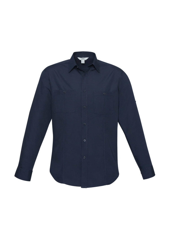 A navy blue long sleeve button-up shirt with two front pockets and a logo.