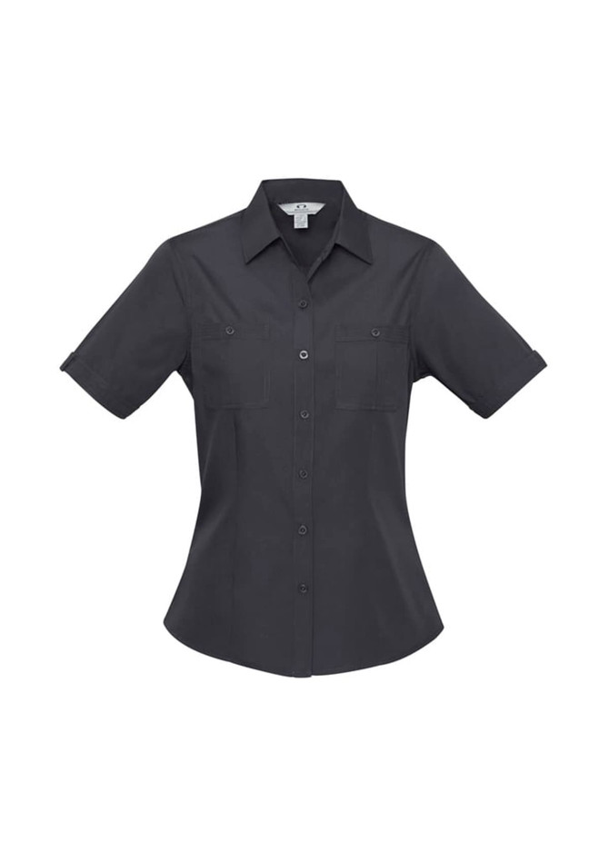 A short-sleeve button-up shirt in charcoal grey with two chest pockets and a branded logo.