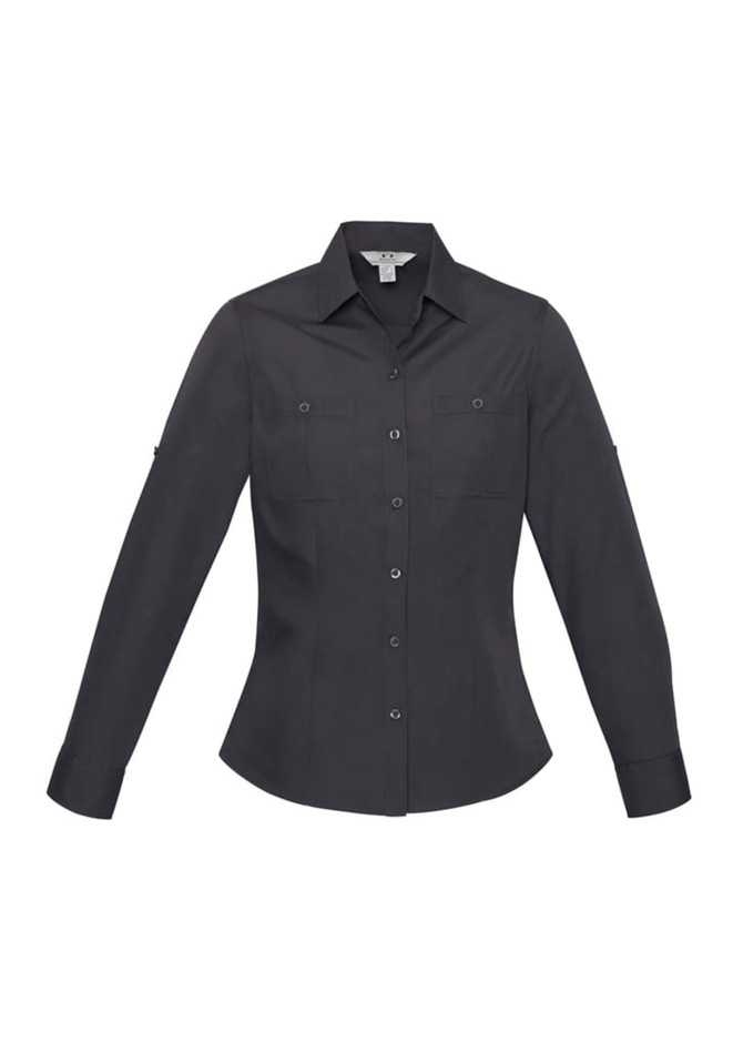 A women's long sleeve button-up shirt in dark grey, featuring two front pockets and a collar.