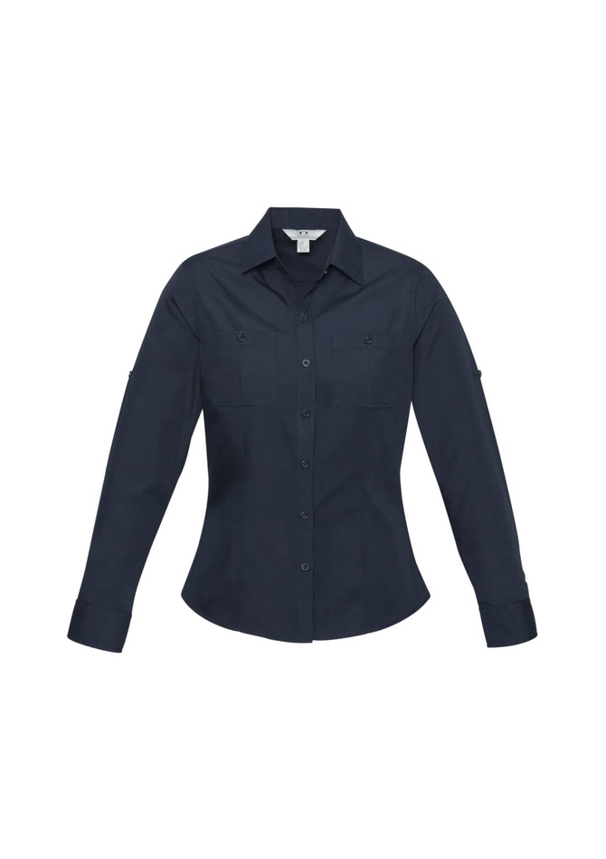 A navy blue long sleeve button-up shirt for women, featuring two front pockets and a branded logo.