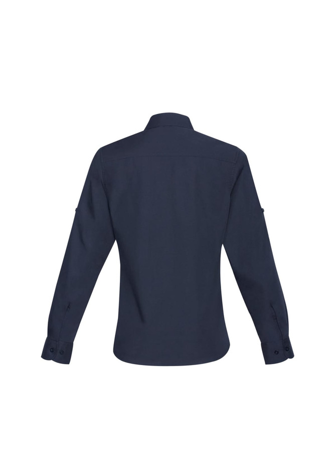 A women's long sleeve button-up shirt in navy blue, featuring a collar and buttoned cuff sleeves. It has a logo on the back.