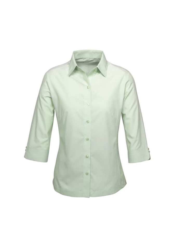 A light green women's button-up shirt with 3/4 sleeves and a collar. It features a subtle logo on the front.