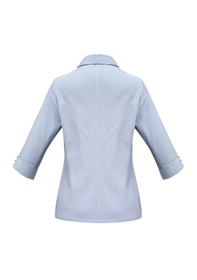 A light blue women's button-up shirt with 3/4 sleeves and a simple collar, featuring a logo.