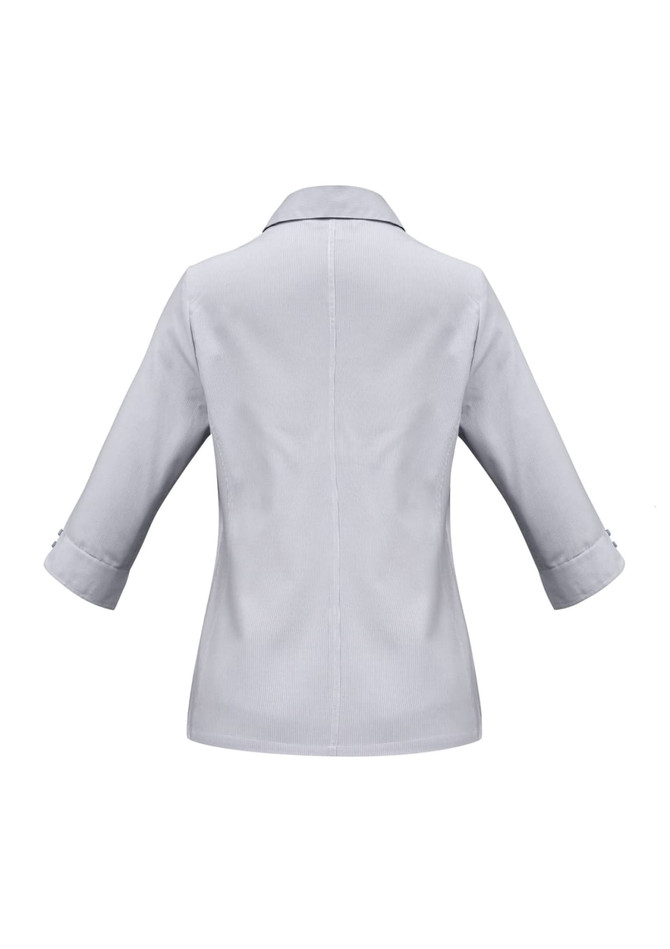 A light grey women's button-up shirt with 3/4 sleeves and a collar, featuring a logo on the side.