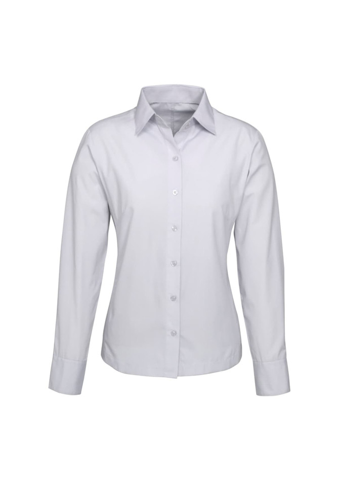 A white women's long sleeve button-up shirt with a collared neckline and buttons down the front. It features branding.