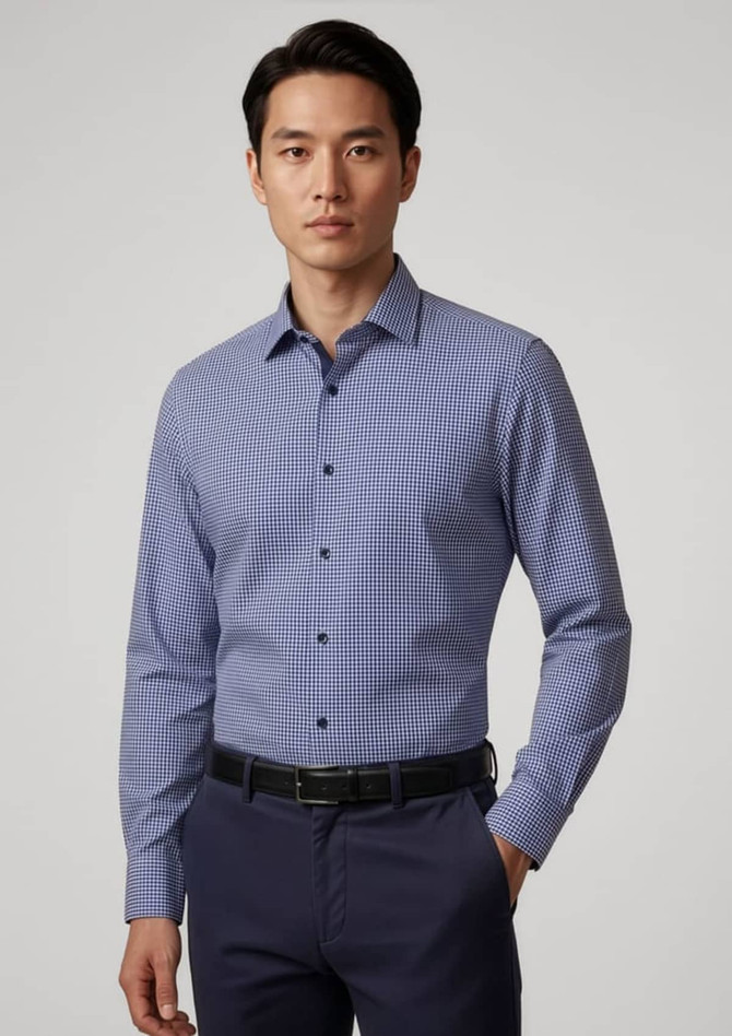 A long sleeve button-up shirt in navy blue with a checkered pattern, featuring a classic collar and buttons.