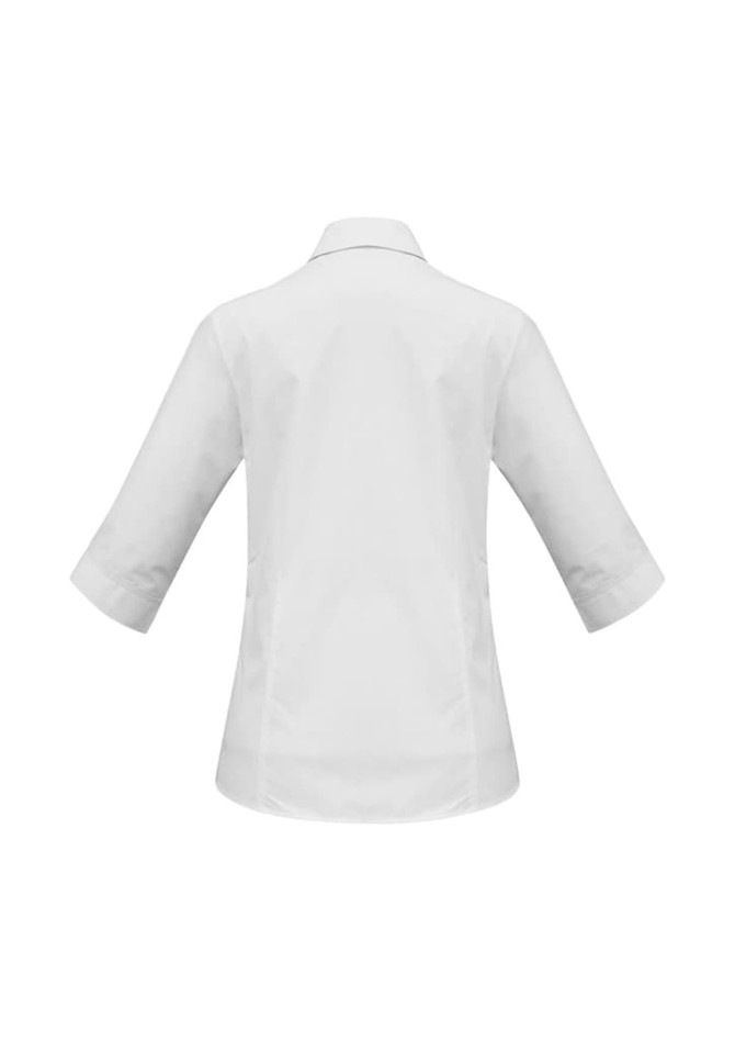 A white women's 3/4 sleeve button-up shirt with a collar and a logo.