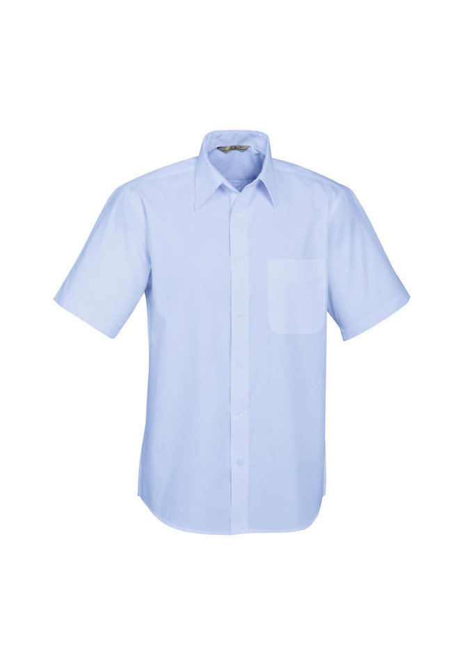 A light blue short sleeve button-up shirt with a single chest pocket and a logo on the collar.
