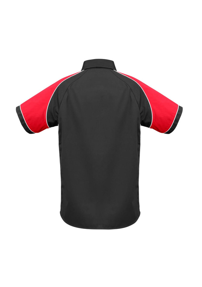 A short sleeve button-up shirt featuring black fabric with red sleeves and white accents, and a logo on the front.
