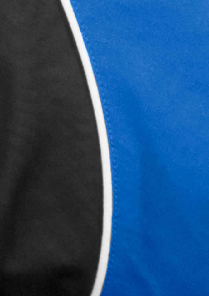 A blue and black short sleeve shirt with a curved seam design and a logo on it.