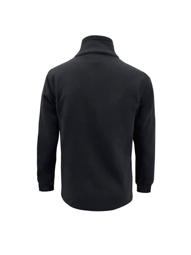 A men's heavy weight fleece jumper in black, featuring a high collar and long sleeves. It has a logo on the back.