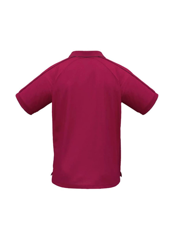 A maroon short sleeve polo shirt with a back view, featuring a logo.
