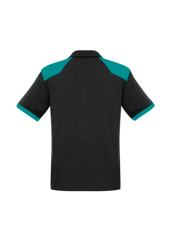 A black short sleeve polo shirt with teal accents on the shoulders and sleeves, featuring a logo.