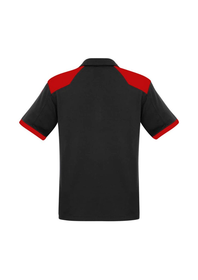 A black polo shirt with red accents on the shoulders and sleeves, featuring a logo on the front.