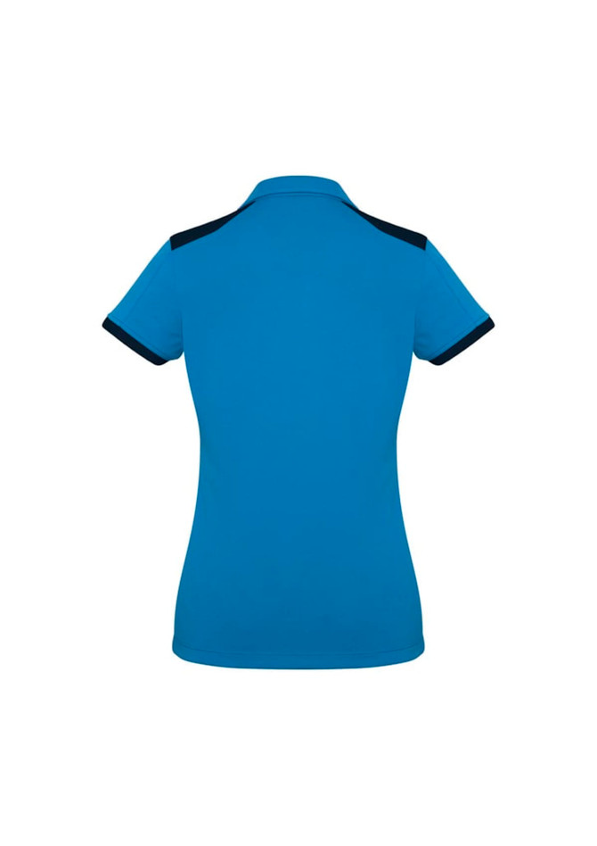 A blue women's polo shirt featuring navy accents on the shoulder and collar, with a logo on the front.